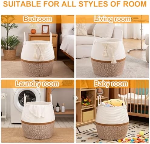 OIAHOMY 80L Blanket Basket with Handle, Storage Basket for Living Room, Laundry Hamper for Clothes, Towels, Pillows, Toy Storage for Kids and Dogs, Baby Hamper for Nursery - Brown & White - Image 4