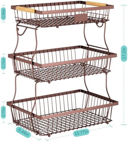 3 Tier Fruit Basket for Kitchen Counter with 2 Banana Hangers, Countertop Metal Fruit Bowl with Wooden Handle, Large Storage Stand for Vegetables, Snacks, Breads, Produce Storage – Brown - Image 5