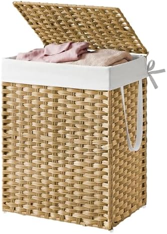 SONGMICS HOME Laundry Hamper with Lid, Clothes Basket with Removable Liner and Handles, 23.8 Gallon, Foldable Narrow Laundry Organizer for Bathroom, Bedroom, Light Brown by SONGMICSHOME