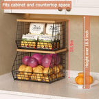 2 Set Stackable Wire Basket with Wooden Tops & Pad for kitchen organizers and storage, XXL Kitchen Counter Organizer for Fruit, Vegetable, Bread, Potato and Onion Storage Bin - Image 3