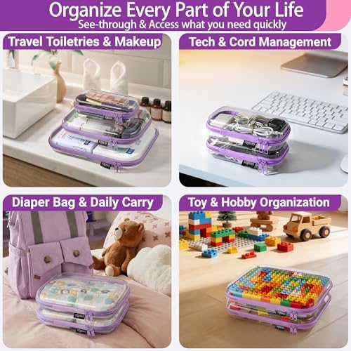 YQBRAO Clear Hard Shell Zipper Cases, 6 Multi-Size Organizers, Purple - Image 3
