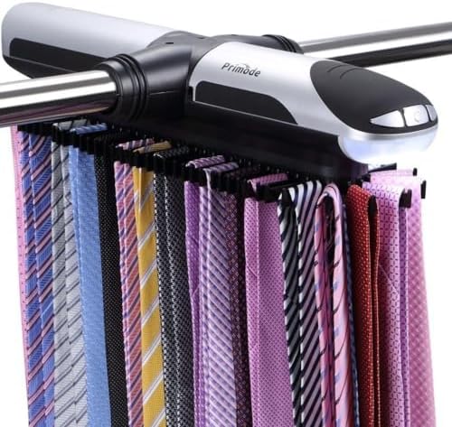 Motorized Tie Rack Closet Organizer with LED Lights Includes J Hooks for Wired Shelving Or Rod Stores Up to 72 Ties & 8 Belts Automatic Rotation Operates with Batteries by Primode