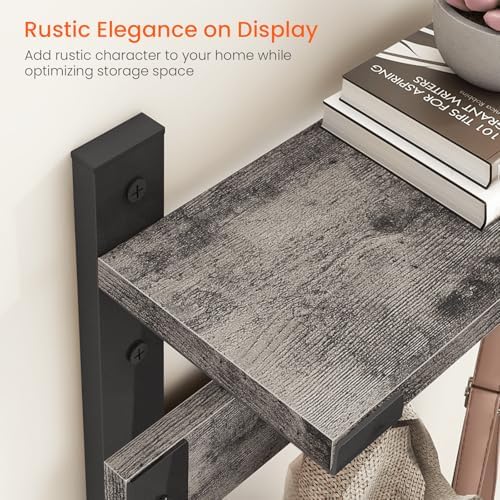 Homode Coat Rack Wall Mount with Shelf, 29 Inch Wall Shelf with Hooks, Grey - Image 4