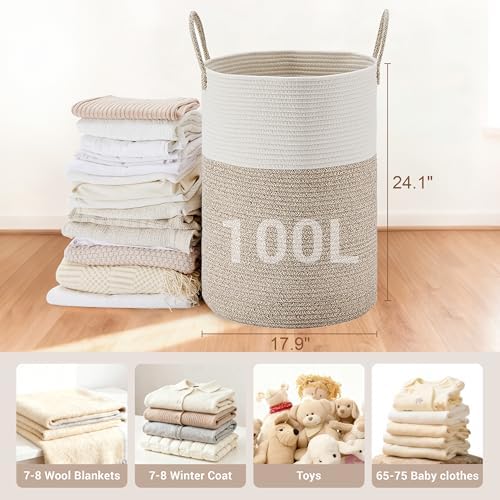 100L Extra Large Tall Cotton Rope Laundry Basket with Handle, Brown - Image 2