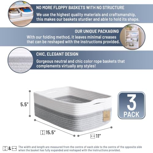 Woven Rope Baskets for Organizing, 3 Pack, 15.5 x 11 x 5.5" Storage Bins - Image 2
