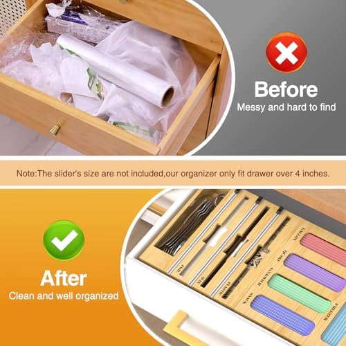 Storage Bag Organizer for Kitchen Drawer, 9 in 1 Foil and Plastic Wrap Dispenser with Cutter, Bamboo Plastic Baggie Organizer for Gallon, Quart, Sandwich, Snack & 12"" Rolls, Orange - Image 3