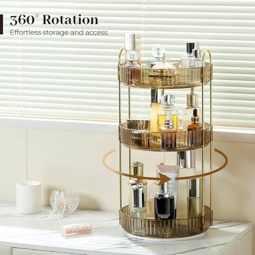 Aveniee Rotating Makeup Organizer for Vanity, 3 Tier Perfume Organizers and Storage for Bathroom Countertop, Clear Spinning Skincare Counter Shelf Holder for Dresser,Brown - Image 3