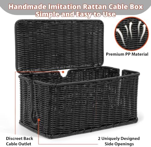 ZhiYo Rattan Cable Management Box, Black Desk Cord Organizer, 2 Pack (M&L) - Image 5