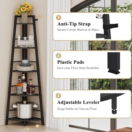 BON AUGURE 5-Tier Corner Shelf, Tall Corner Bookshelf for Living Room - Image 4