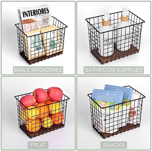 Wall Hanging Baskets, 3 Wooden Wire Bins with Hooks & Adhesive Mount(Large) - Image 6