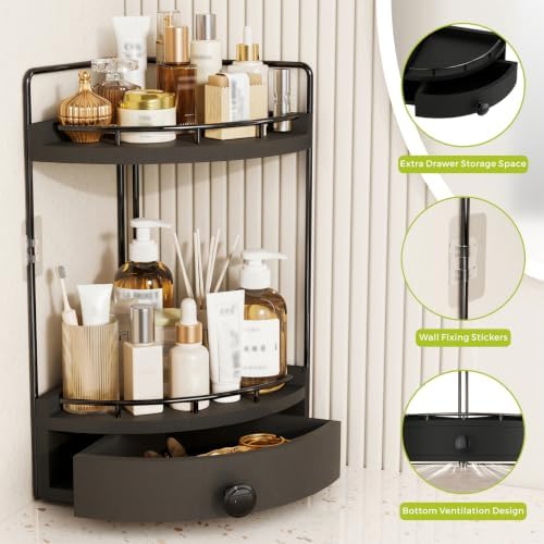 2-Tier Corner Bathroom Counter Organizer with Drawer, Black - Image 4