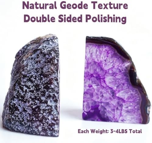 Geode Bookends 3-4 lbs Decorative Heavy Crystal Stone Book Ends for Shelves Dyed Purple 1 Pair - Image 2