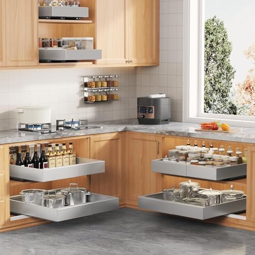 Seinloes 2 Pack Expandable Pull Out Cabinet Organizer 21"Deep With Raising Pad for Framed Cabinets,Upgrade 3 Slide Rails Slide Out Drawers,Roll Out Shelves Adhesive,Adjustable Width 12.05"-20.4"Silver - Image 6