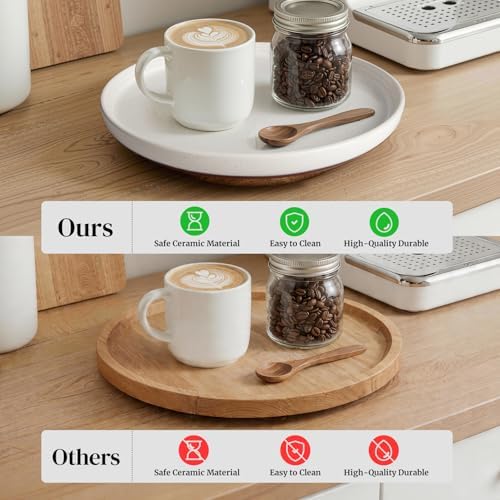 Ceramic Lazy Susan Turntable Organizer, 10.3 Inch Round Rotating Tray with Acacia Wood Base, White Speckled Glazed Spice Rack for Kitchen Countertop, Dining Table,Farmhouse Decor，Khaki White - Image 6