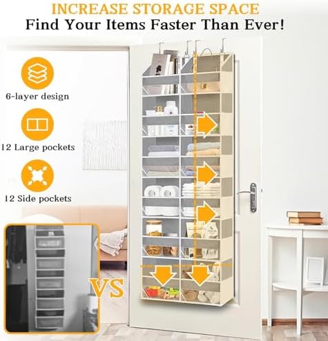 Over The Door Organizer 6 Tiers, Extra Large Behind Door Storage of 12 Compartments, 80 lbs Weight Capacity Hanging Storage Organizer with Clear Window Kids Toys,Shoes,Diapers,Room Storage,Light Grey - Image 2