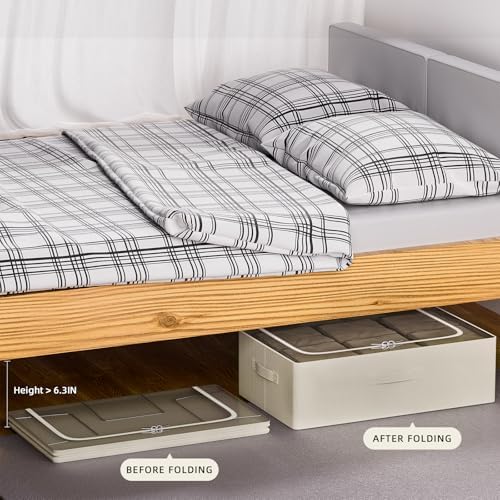 CYhom 3Pcs Under Bed Storage Bins with Metal Frame - Shoe Organizer for Closet with Clear Cover Oxford Fabric Sturdy Underbed Container Foldable Stackable Clothes Organizer (Beige, 23.5x19.7x6.3) - Image 4