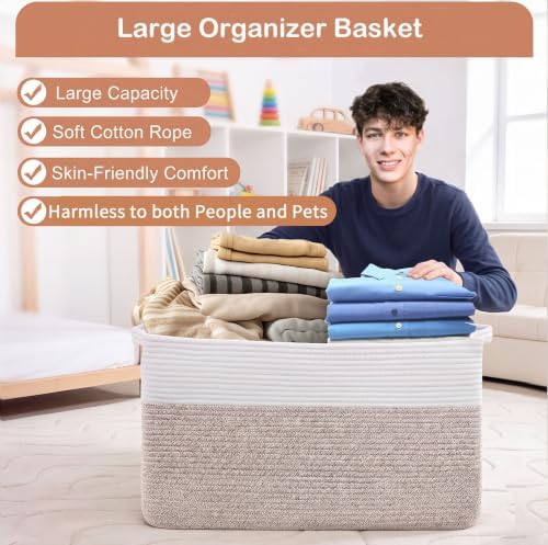 75L Large Blanket Storage Basket with Handles - White & Brown - Image 2