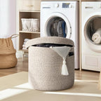 Storage Basket with Lid, Woven Blanket Storage for Living Room, Soft Cotton Rope Bin with Lid, Round Wicker Laundry Basket with Cover, Lidded Kids Dog Toy Bin, Nursery Organizer, 15" x 13" - Image 4