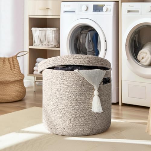 Storage Basket with Lid, Woven Blanket Storage for Living Room, Soft Cotton Rope Bin with Lid, Round Wicker Laundry Basket with Cover, Lidded Kids Dog Toy Bin, Nursery Organizer, 15" x 13" - Image 4