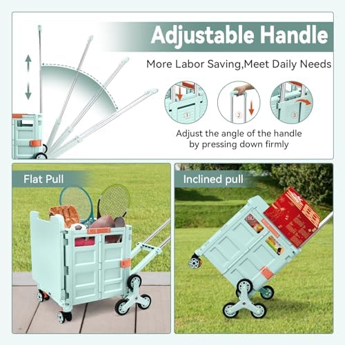 Foldable Utility Cart with Stair Climbing Wheels,Collapsible Rolling Crate with Magnetic Lid Telescopic Cover,Adjustable Telescoping Handle,360° Rotate Wheel Hand Cart for Teacher Shopping Moving - Image 2