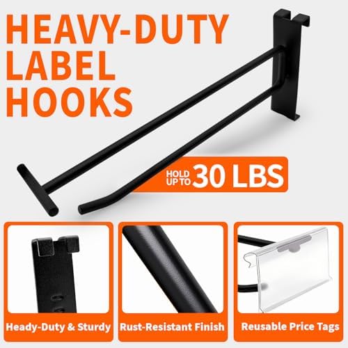 8 Inch Gridwall Hooks with Price Tag Slot,50 PC Extra Long Black Electroplated Hangers for Coats, Tools, Cables - Image 2