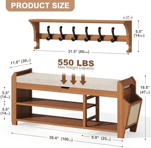 PETKABOO 39.4" Bamboo Shoe Rack Bench with Coat Rack, 3-Tier Entryway Bench with Thick Cushion, Flip-Top & Side Baskets, Holds Up to 550 LBS for Hallway, Living Room, Bedroom - Image 2