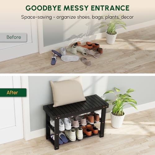 BEEFURNI Acacia Wooden Shoe Rack Bench for Entryway, 3-Tier, Black - Image 4