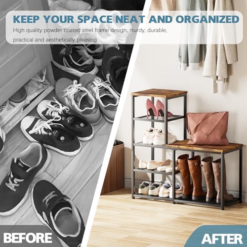 Shoe Rack Bench for Entryway,Free Standing Shoe Storage Organizer for Front Door Entrance,4-Tier Boot Rack Holder Shelf for Closet with Seat,Sturdy Shoe Shelves for High Heels(Brown) - Image 7