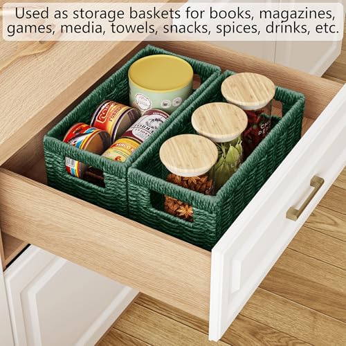 Vagusicc Wicker Storage Basket, Set of 2 Hand Woven Wicker Baskets for Organizing with Handles, Decorative Small Storage Bins for Countertop Toilet Paper Basket for Toilet Tank Top, Shelves, Green - Image 6