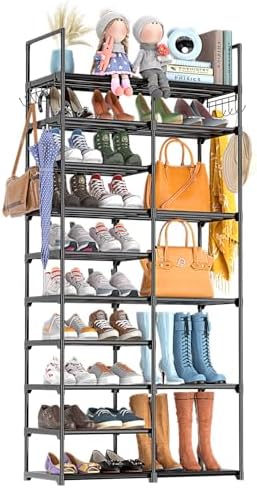Kottwca 2 Row 10 Tier Tall Shoe Rack Organizer for Closet Entryway, 40-45 Pair Shoe Boot Storage Rack, Metal Shoe Shelf Small Vertical Stackable Shoe Stand for Bedroom Corner by Kottwca