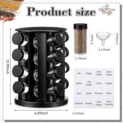 Yungyan Black Rotating Spice Rack with 16 Empty Jars and Labels - Image 3