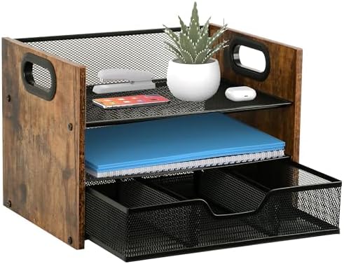 Wood Desk Organizer - 3-Tier Desktop File Organizer with Drawer, Wooden Paper Tray, Office Desk Organzier and Accessories for Papers, Mail, Notebooks, Stationery by BOERSHUN