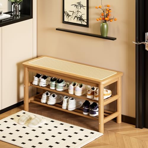latifolia Shoe Rack Bench, 3-Tier Bamboo Shoe Bench with Breathable Rattan Seat Cushion, Shoe Storage Rack for Entryway(Nautre,31.50''L) - Image 3