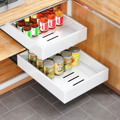 Pull out Cabinet Organizer, 21"Deep, 11.8"Wide Full-Extension Heavy Duty Slide out Drawers with Nano Adhesive, Roll Out Shelves Sliding Cabinet for Kitchen, Bathroom, Pantry,Under Sink Storage(White) by Kitstorack