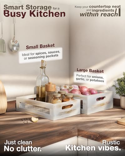 Wooden Countertop Baskets Set of 2 for Kitchen, Bathroom, Pantry|Wall Mount Upgrade with Full Accessories| Rustic Nesting Boxes|Wooden Organizer Crates for Fruit, Vegetables, Produce, Bread - Image 4