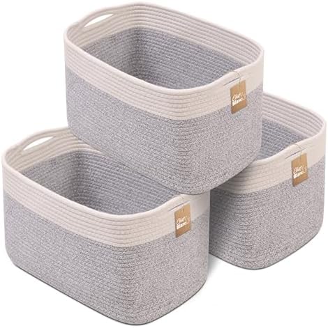 CHAT BLANC Cotton Rope Baskets for Organizing | Storage Baskets for Shelves | Rope Basket for Storage, Small Laundry Baskets, Woven Baskets for Storage, Dog Toy Bin, Baby Basket,Off White &Gray 3 Pack by CHATBLANC