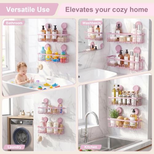 JOTPE Pink Suction Cup Shower Caddy, 2 Pack Bathroom Organizer with Hooks - Image 2
