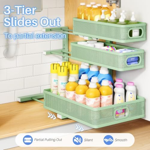Under Sink Organizer, 3-Tier Thickened Metal Pull out Cabinet Organizer Shelf, Height Adjustable Slide out Storage Drawer Rack for Kitchen Bathroom Pantry Laundry Home Organization, 1-Pack, Green - Image 5