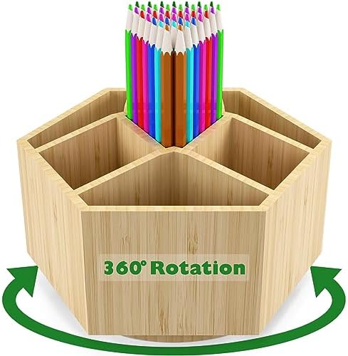 Bamboo Art Supply Organizer,Rotating Pencil Holder Back to School Supplies by Houtingmaan