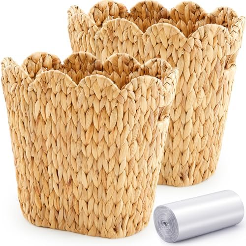 Ziliny 2 Pcs Wicker Trash Can with 50 Tarsh Bags, Scalloped Brim, Nature by Ziliny