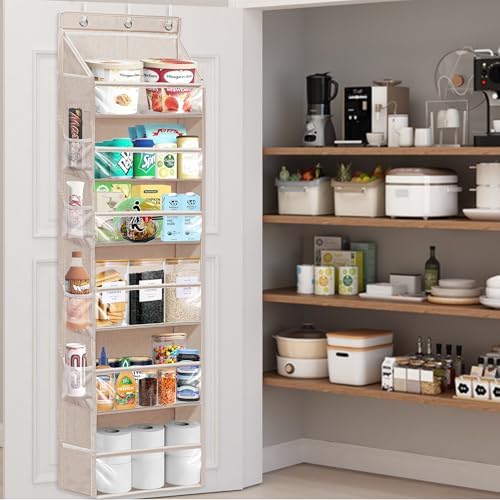 Over Door Organizer with 6 Extra Large Pockets 12 Side Pockets, Sturdy Closet Storage Rack, Hanging Storage Organizer with Clear Window for Shoes, Diaper, Bedroom, Bathroom, Beige, 4-Pack - Image 4