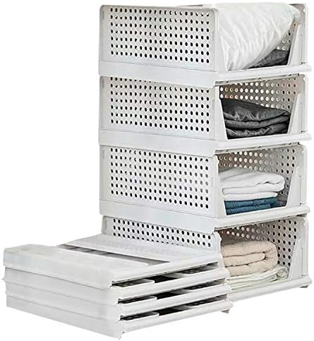 Folding Wardrobe Storage Box 4-Pack Plastic Drawer Organizer Stackable Shelf Baskets Cloth Closet Containers Bin Cubes,Home Office Bedroom Laundry Fold Pull Out Dividers for Clothes,Toys White by jocabo