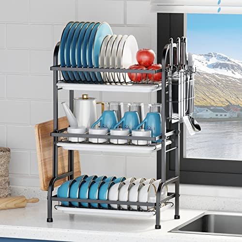 Goldmeet 3 Tier Dish Drying Rack, Large Stainless Steel Over The Sink Dish with Drain Tray, Kitchen Dishes Drying Racks, Dish Racks for Kitchen Counter Storage (Black) - Image 3