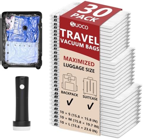 Travel Vacuum Bags for Clothing with Cordless Pump 30 Combo, Clear by SUOCO
