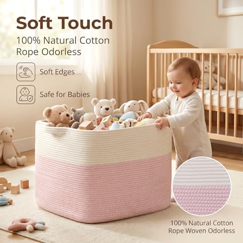 OIASKET 108L Cotton Rope Storage Basket for Living Room and Bedroom 25"x16"x16" Woven Laundry Basket, Heavy Duty Bin for Blankets, Pillows & Toys, Pet-Safe & Scratch-Free, Pink and White - Image 4
