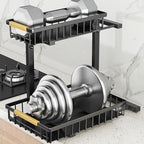 GarveeLife Under Sink Organizer, L-Shape Pull-Out 2-Tier Carbon Steel Storage Organizer with Suction Cups - Space-Saving Cabinet Rack for Kitchen & Bathroom - Easy Access Sliding Design -Black - Image 2