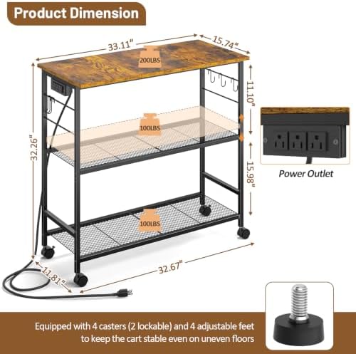 3 Tier Rolling Kitchen Microwave Cart with Power Outlet, 33 Inch Microwave Table Stand with Adjustable Shelf, Kitchen Storage Island Utility Cart Bakers Rack Coffee Bar for Living Room, Office - Image 2
