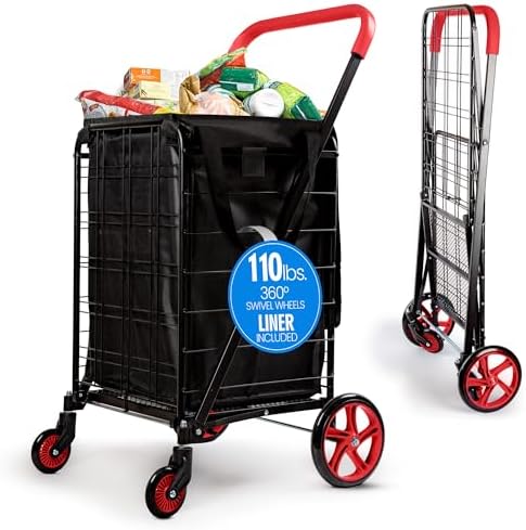 SereneLife Large Folding Utility Shopping Cart with Removable Liner – Heavy Duty, 360° Swivel Wheels, 110 lb Capacity, Portable for Groceries, Laundry, Luggage, and More (Red) by SereneLife