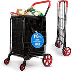 SereneLife Large Folding Utility Shopping Cart with Removable Liner – Heavy Duty, 360° Swivel Wheels, 110 lb Capacity, Portable for Groceries, Laundry, Luggage, and More (Red) by SereneLife