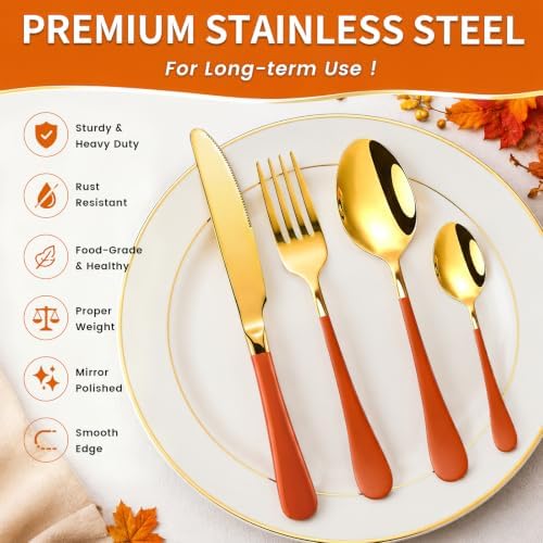 Orange Silverware Set with Expandable Drawer Organizer for 6-24 Piece Stainless Steel Flatware Set with Spoons, Forks, Knives, Heavy Duty Mirror Polished for Home/Kitchen/Restaurant (Orange-Gold) - Image 4